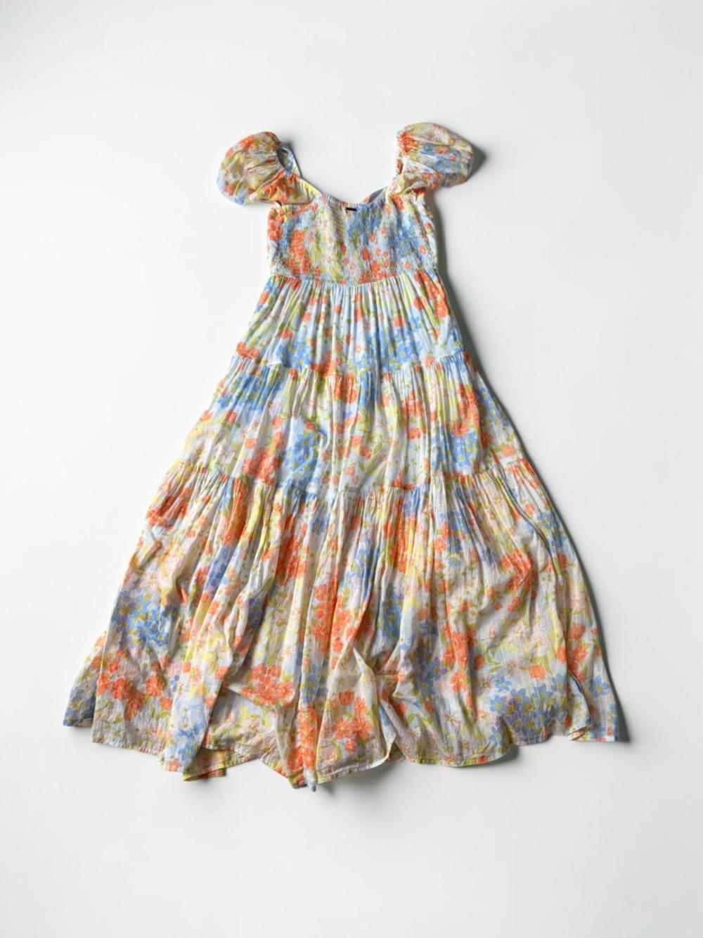 Billabong Maxi Dress Orange & Blue Floral Cotton Puff Sleeve - Picture 10 of 15